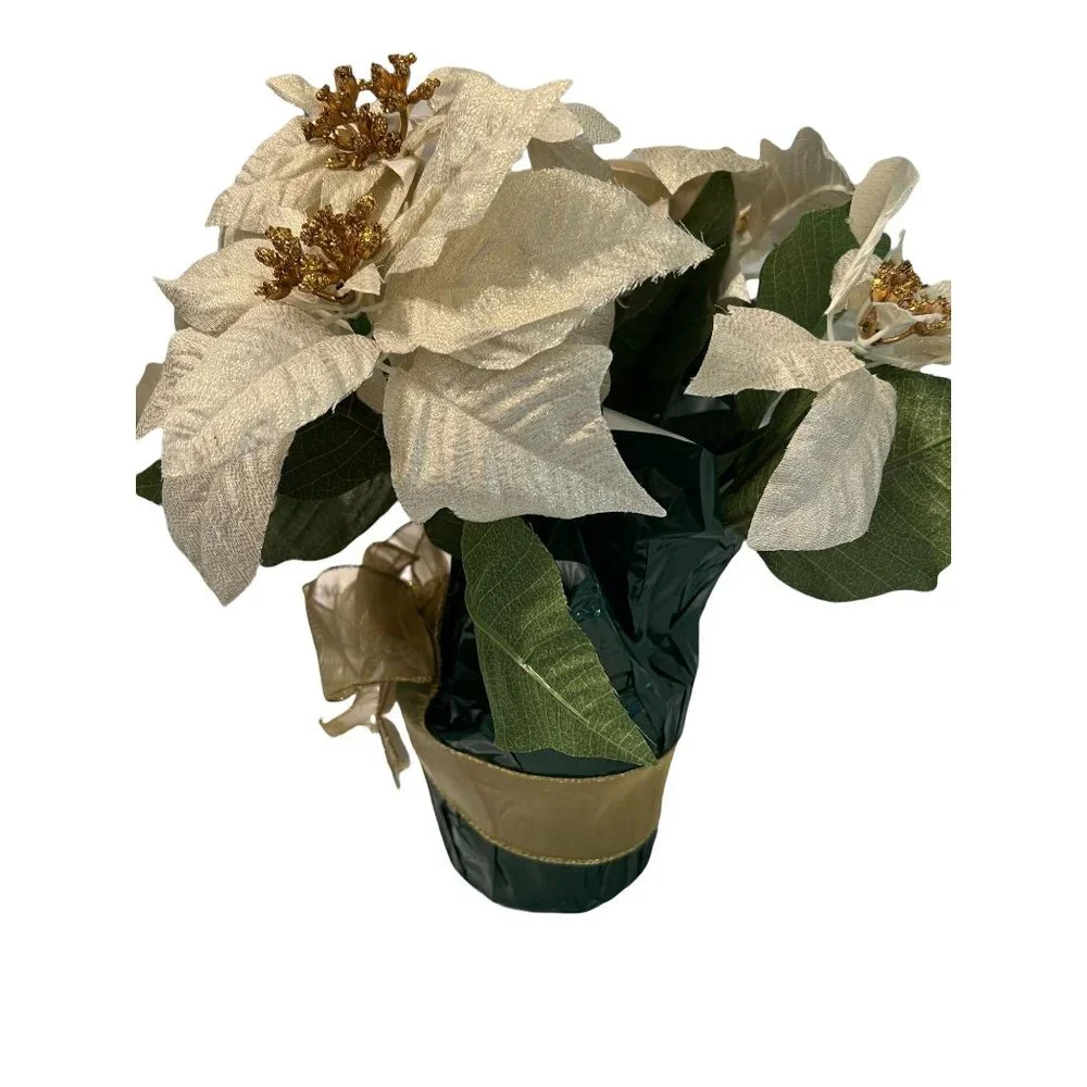 Faux White Gold Poinsettia Plant Floral Arrangement Glitter Bow New with Tags Be